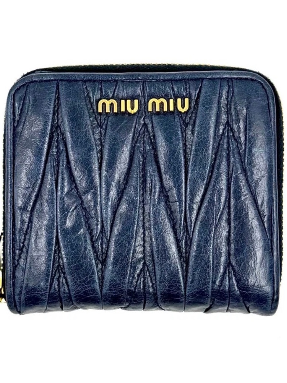 Miu Miu Navy Matelassé Zip Card Holder with Gold Logo